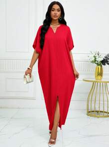 SHEIN Lady 女士纯色 V 领蝙蝠袖休闲连衣裙 - 紅色 - 查看 6