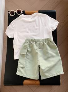 SHEIN Little Byeori 2 Pieces Set Of Young Boys Casual Sports Casual Street Fashion Cute Vacation With Letter Pattern 2 In 1 Workwear Round Neck T-Shirt And Shorts Set Suitable For Kids Outfits Young Boy Clothes Back To School Boys Set Suitable For Birthday Party, Party, Performance, Wedding, Baptism, Back To School Daily Suitable For School Suitable For Travel Suitable For Sports Suitable For Spring And Summer Season - White - View 6