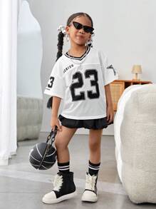 SHEIN Leap Crew Young Girl 2 Pieces Set: Loose Numeric Print Woven Top And Solid Colored Woven Mini Skirt - Black and White - View 5