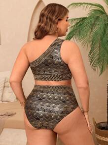 Swim Lushoire 大码女式两件套泳衣套装 - 金属金箔和黑色带状单肩和高腰泳裤，优雅的海滩度假泳装 - 金色 - 查看 2