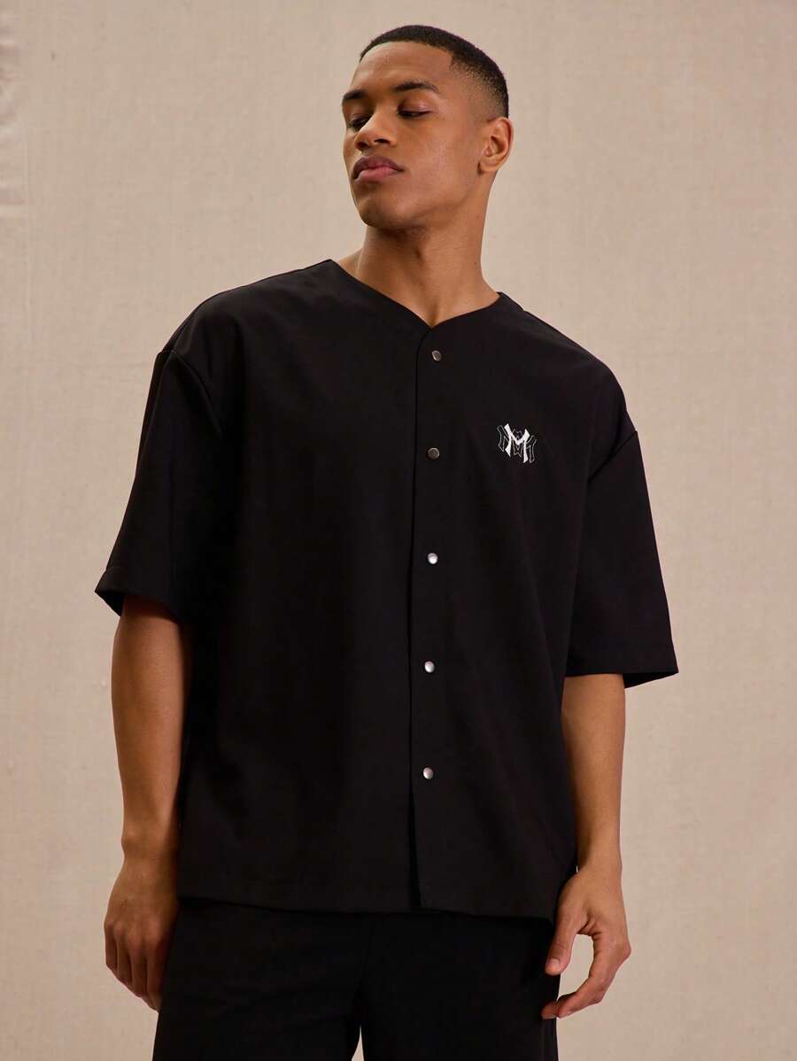 Musero Button Through "M" Graphic Print Baseball Jersey Shirt - Black - View 1