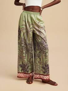 Travachic Quần ống rộng in họa tiết cây cọ cho nữ, thích hợp cho kỳ nghỉ - màu xanh lá - Xem 1