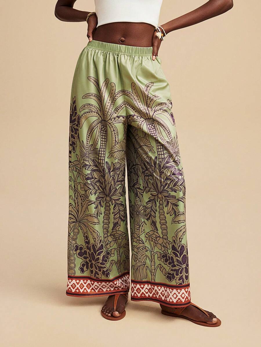 Travachic Quần ống rộng in họa tiết cây cọ cho nữ, thích hợp cho kỳ nghỉ - màu xanh lá - Xem 1