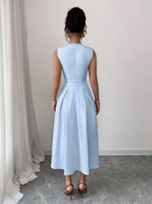 Gloray 女士 V 领无袖褶皱长裙 - 藍色 - 查看 2