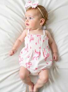 2件套女婴可爱兔子印花无袖连体衣和蝴蝶结发带套装，甜美可爱，适合夏季/复活节 - 白色 - 查看 1