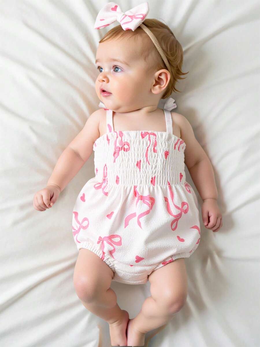 2件套女婴可爱兔子印花无袖连体衣和蝴蝶结发带套装，甜美可爱，适合夏季/复活节 - 白色 - 查看 1