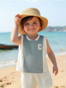Baby Boy Letter Seal Contrast Color Knitted Soft Round Neck Wide Strap Pullover Top Elastic Waist Shorts Two-Piece Set