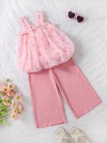Set de 2 piezas de niña con top de tirantes con estampado de flores de pompón y pantalones de pierna ancha - Rosa - Ver 1
