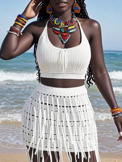 Slaydiva White Women's Vacation Bodycon Crop Top With Crochet Fringe Set