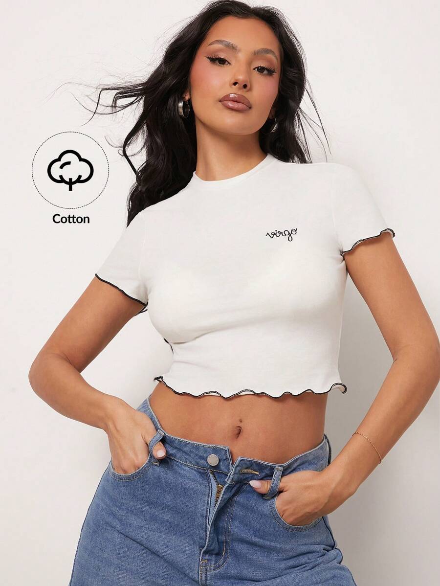 SHEIN Unity 处女座刺绣星座图案日常休闲街头风荷叶边下摆生日礼物纯棉T恤,适合感恩节、圣诞节、新年夜等节日,女士款。 - 米色 - 查看 1