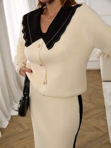 EURMUSE Women Peter Pan Collar Front Button Cardigan & Sweater Skirt Set,Petite,Winter Clothes - Beige - View 6