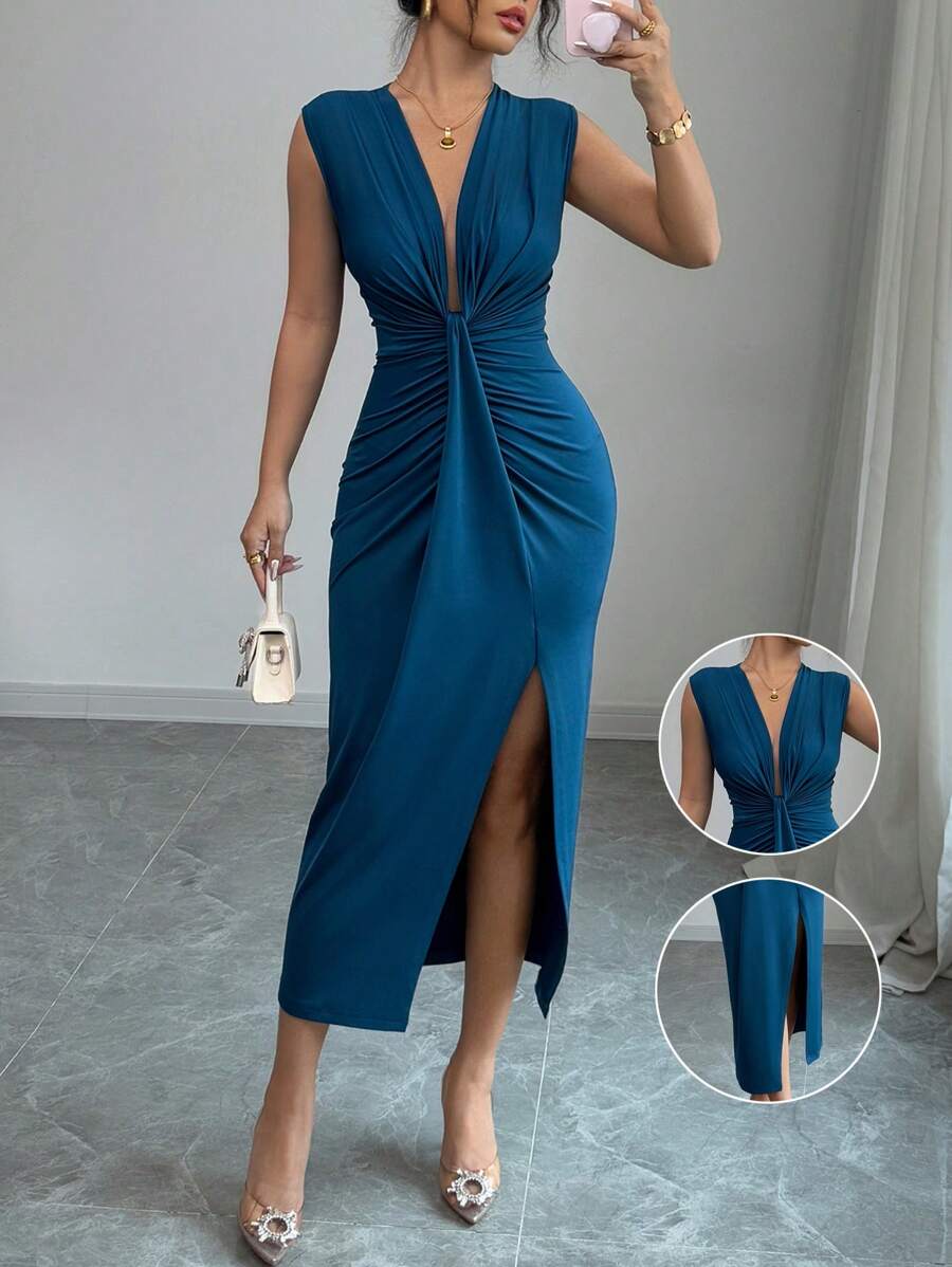 Rafferiza Petite Váy xòe hở vai cổ chữ V sâu thanh lịch, viền cao thấp, xẻ tà thời trang xuân/hè cho nữ, màu xanh - Màu xanh lam - Xem 1