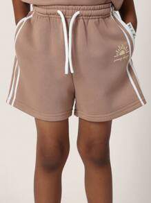 SUMWON Kids Matching Summer Sweatshirt Shorts Set Athletic Streetwear Two-Piece Outfit With Side Stripes Classic Sport Casual Everyday Playwear Essential - Brown - View 6