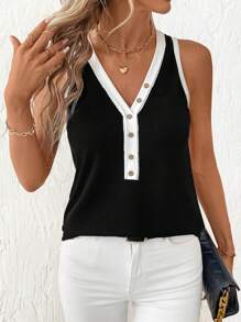Ellevyn 女士 V 领无袖简约休闲背心，适合夏季 - 黑與白 - 查看 9