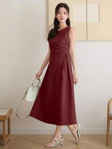 DAZY Vestido midi plisado sin mangas de color liso para mujer, vestido de verano