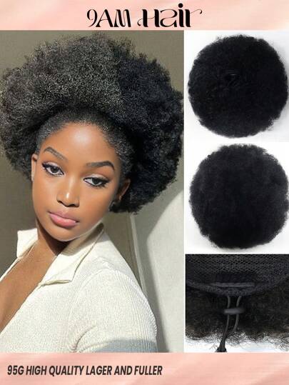 1pc Drawstring Ponytail Puff Curly 1B Natural Black Color Remy Human Hair Extension Big Bun For Women Hair Extensions