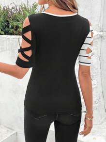 SHEIN Clasi 夏季优雅女士圆领条纹拼接撞色弹力镂空袖短袖T恤，适合各种场合，日常旅行，外出等