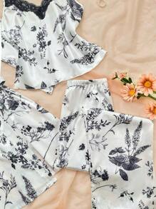 女士 3 件套：优雅花卉印花蕾丝拼接吊带背心、裤子和长袍