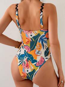 SHEIN Swim 荷叶边吊带热带印花连体泳衣