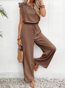 SHEIN Frenchy 2pcs/Set Women Sleeveless Cropped Lace Top, Textured Fabric,Summer Sets Brown Casual - Coffee Brown - View 5