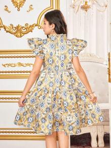 Tween Girls Elegant Geometric Retro Print Ruched Ruffle Hem Dress, Vacation, Gorgeous Palace Style, Gold Retro Print - Khaki - View 7