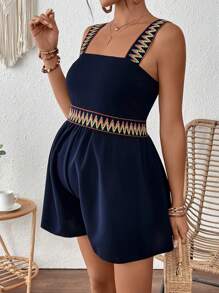 SHEIN Maternity Patchwork Wavy Stripe Webbing Strap Romper - Navy Blue - View 7