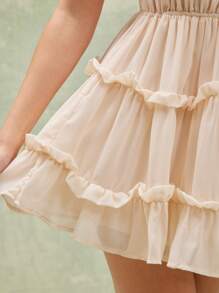 L'Amorae Summer Sexy Solid Color Ruffle Wrap Back Spaghetti Strap Mini Dress - Beige - View 3