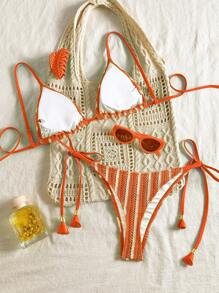 Swim Mod Women 2pcs/Set Summer Vacation Beach Outfit, Hollow-Out Textured Fabric Striped Tie Front St. Patrick's Day Bikini Set - Orange - View 2