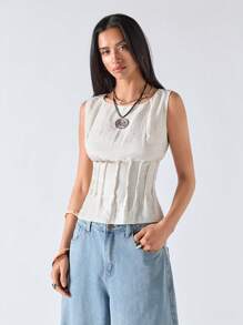 LYSMO 自然褶皱圆领无袖休闲百搭衬衫，夏季 - 白色 - 查看 3