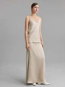 Ontre 2025 新款婚礼宾客优雅风格套装，杏色提花褶皱面料，吊带背心 + A 字裙，女士两件套服装，春夏 - 杏色 - 查看 4