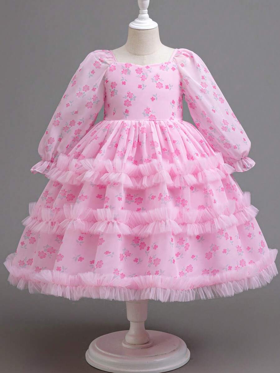 SHEIN Glamorique Kids Girls Party Dress With Floral & Cake Print, Long Sleeve Costume Dress, All Season Young Girls Floral Dress Birthday Dresses For Girls Birthday Dresses For Kids - Pink - View 1
