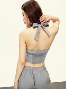 Rina Fox 2pcs/Set Commuter Gray & White Bowknot Halter Backless Top And Contrast Ruffled Waist Wide Leg Pants Set For Women - Grey - View 4