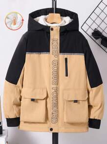 Chaqueta deportiva con capucha y estampado de letras en parches para niño preadolescente, uso casual diario