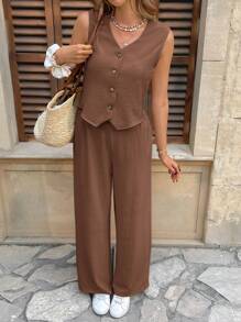 SHEIN Frenchy Bộ 2 món đồ cho nữ, áo vest một hàng khuy và quần dài màu trơn, trang phục đi nghỉ - Cà phê nâu - Xem 5
