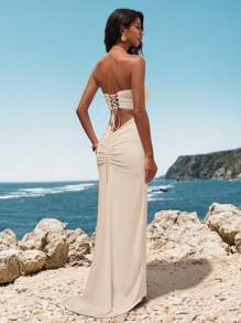 Opulessa Summer Vacation Outfits Woman Beach Bohemian Boho Festival Wedding Party Elegant Sexy Formal Bridesmaid Birthday 1pc Women's Solid Color Knitted Backless Tie-Up Bodycon Dress,Mermaid Mermaid Dress For Wedding Guest, Prom Outfits - Apricot - View 4