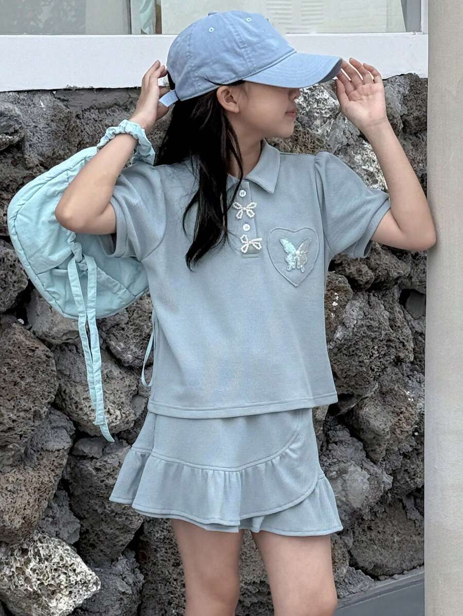 DAZY 2 件套青少年女孩针织领短袖 T 恤和裙子套装，夏季，返校服装 - 藍色 - 查看 1