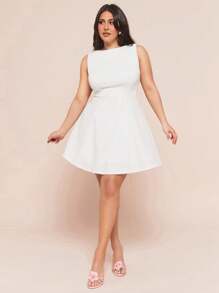 SHEIN BAE 大码女式优雅粉色缎面不对称肩部镂空系带连衣裙，适合派对、鸡尾酒会、正式场合、浪漫约会、婚礼/伴娘/鸡尾酒会/宴会/母亲节/妈妈/母亲/妈妈/妈妈/母亲节/妈妈/妈妈/母亲节礼物、毕业礼服、女士生日礼服 - 白色 - 查看 5