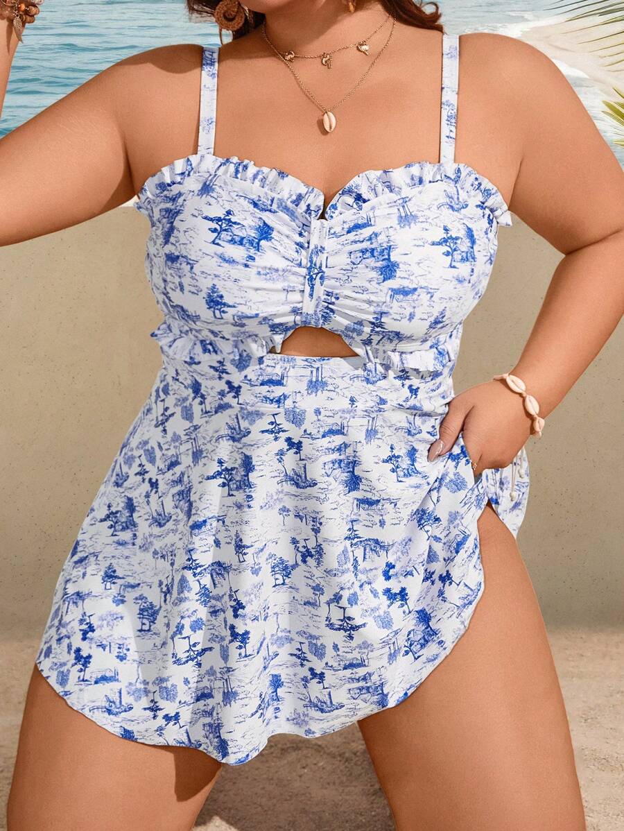 Swim Lushoire Đầm bơi in hoa Ditsy cỡ lớn dành cho nữ, có viền xếp nếp và quần bơi, bộ đầm bơi xẻ tà tôn dáng, đơn giản để mặc đi nghỉ và mặc hàng ngày, đi biển mùa hè - Nhiều màu - Xem 1