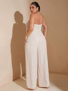 SHEIN Tall CURVE 大码女士优雅约会之夜纯色露肩连体裤套装，适合工作的夏季办公室服装，仙女/海妖风格 - 杏色 - 查看 2