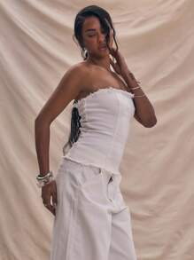 MUSERA Distressed Bandeau Cinched Waist Denim Top Spring Summer Cute Boho, Elegant, Holiday Soft Serve Ibiza Concert Streetwear Going Out Night Out Date Night Casual White Fall Autumn Winter Fall Winter  Chic - White - View 2