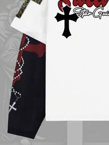 ROMWE MEN Goth Men's Religious Round Neck 2 In 1 Letter Print Long Sleeve T-Shirt - White - View 5