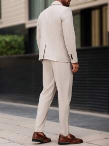 Manfinity Mode Conjunto de blazer y pantalones de color liso con cuello de solapa y manga larga para hombres de talla grande - Caqui - Ver 2