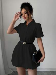Elenzga Women's Black Summer Elegant Short Sleeve Casual Shirt Mini Dress,Solid Color Office Outfits For Ladies Dining,Fashion Elegant Dresses For Women - Black - View 3