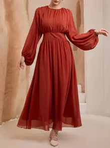 Graceveil Ruched Chiffon Flare Arabic Style Dress For Women - Red - View 6