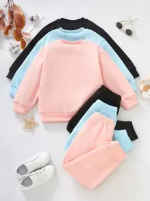 SHEIN Genkimix Kids 2 件套年轻女孩休闲多色套头连帽衫和运动裤，百搭混搭套装，适合搭配各种夹克、外套 - 彩色 - 查看 2
