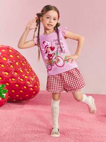 Strawberry Shortcake X SHEIN Young Girl Strawberry Printed Cute Short Cap Sleeve T-Shirt