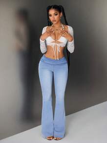 SHEIN ICON Women's Folded Waist Flare Casual Versatile Denim Pants