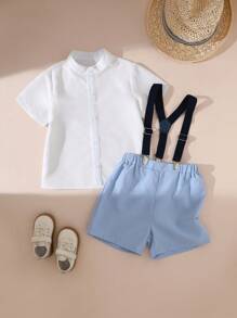 SHEIN Toddler Boys' Gentleman Style Short Sleeve Shirt + Bib Shorts Set, Casual For Spring & Summer