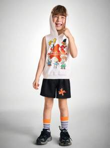 Nick 90s | SHEIN Young Boy Cartoon Graphic White Casual Sleeveless Hooded Tank And Black Shorts Sports Set