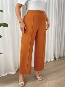 SHEIN Privé Plus Size Women Elegant Commuter Simple White Straight-Leg Pants - Rust Brown - View 2